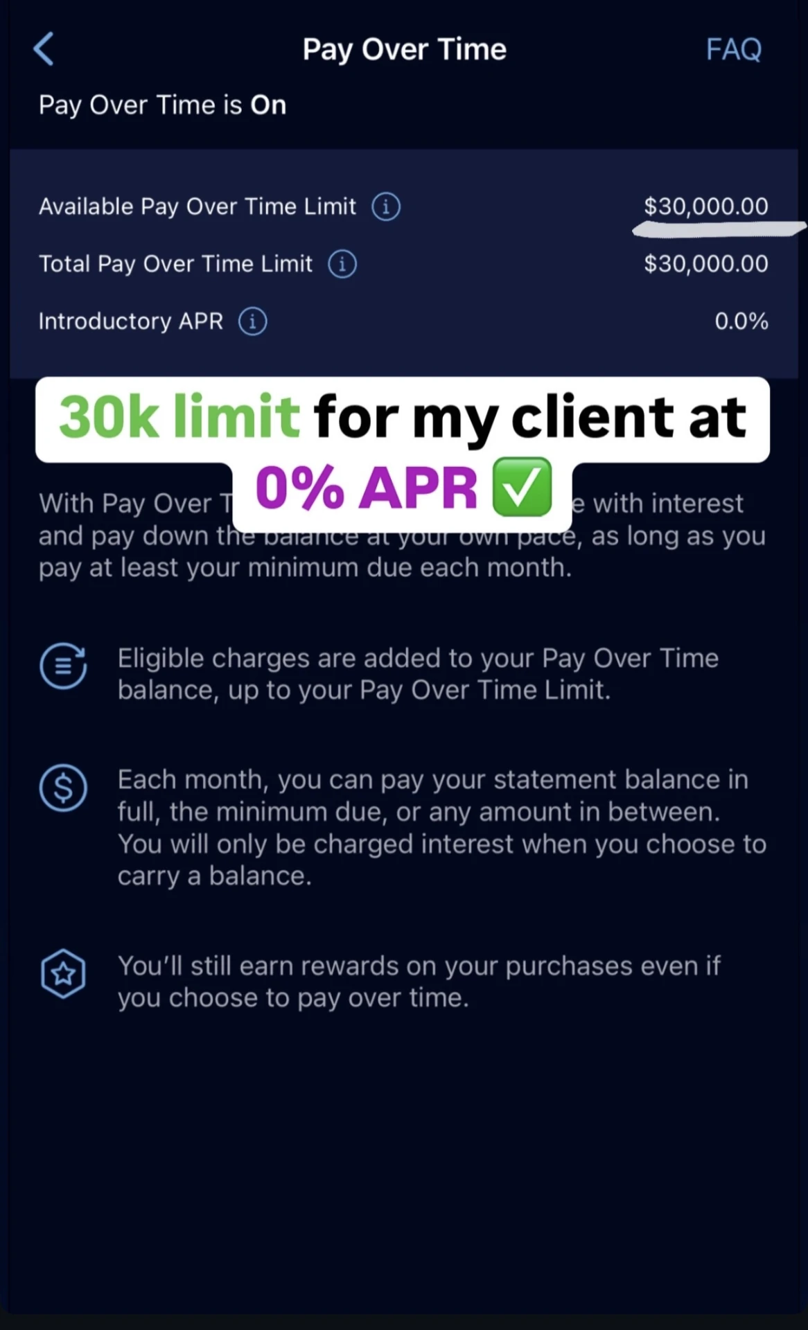 Amex Pay Over Time limit of $30,000 at 0% introductory APR