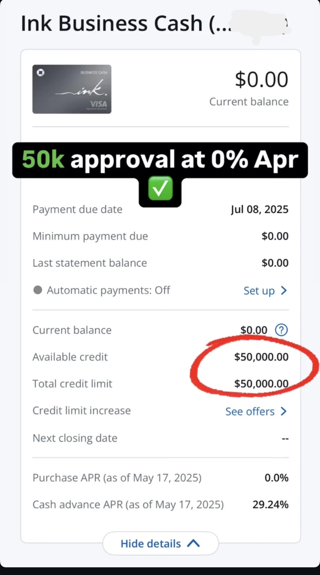 Chase Ink Business Cash approved with a $50,000 limit at 0% APR