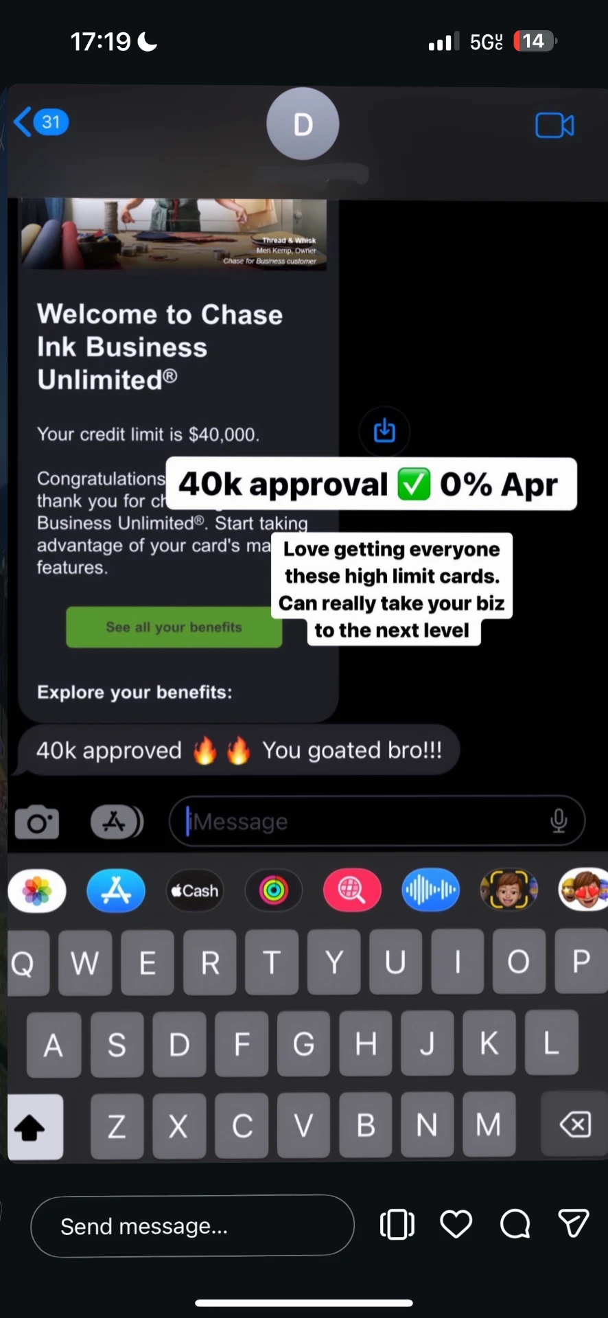Chase Ink Business Unlimited welcome letter with a $40,000 limit at 0% APR