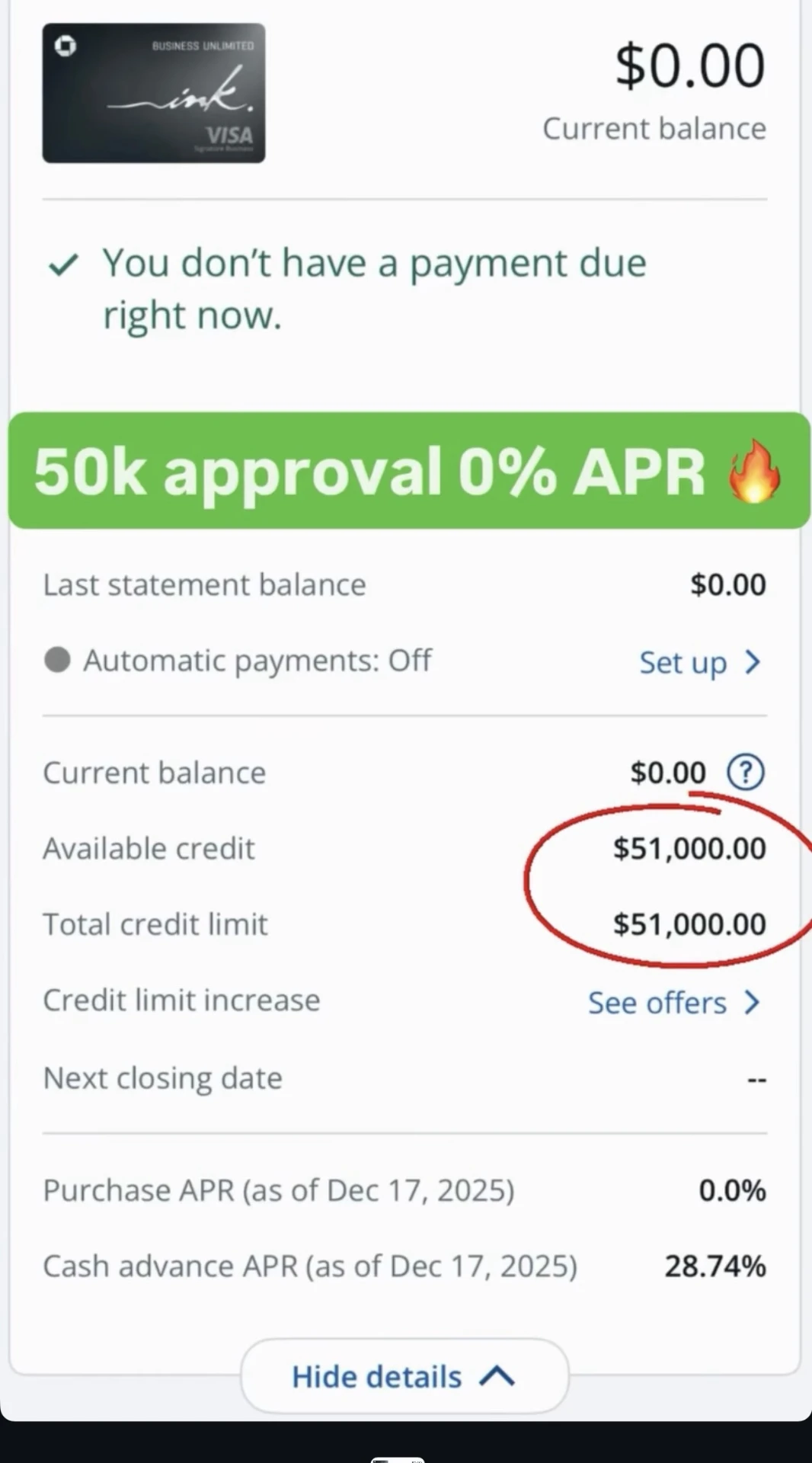 Chase Ink Business Unlimited approved with a $51,000 limit at 0% APR