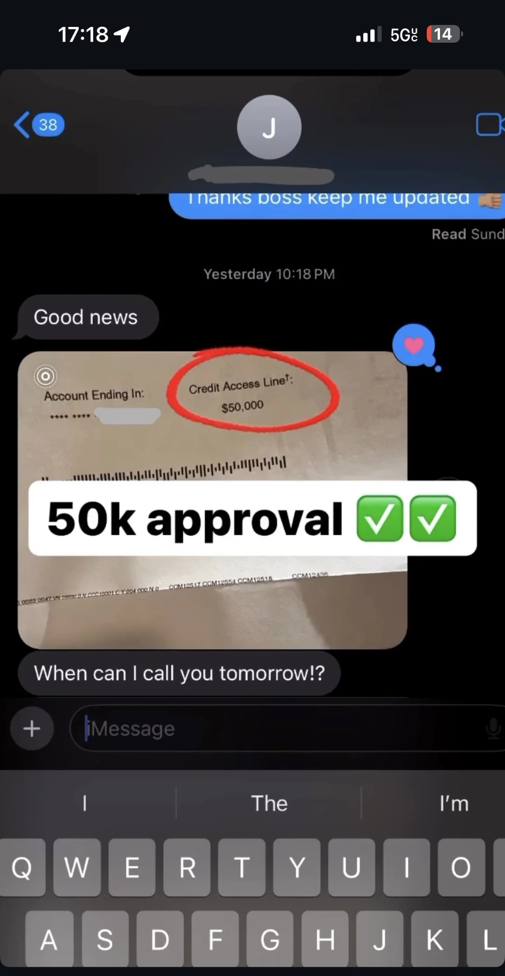 Client text showing a $50,000 credit access line approval