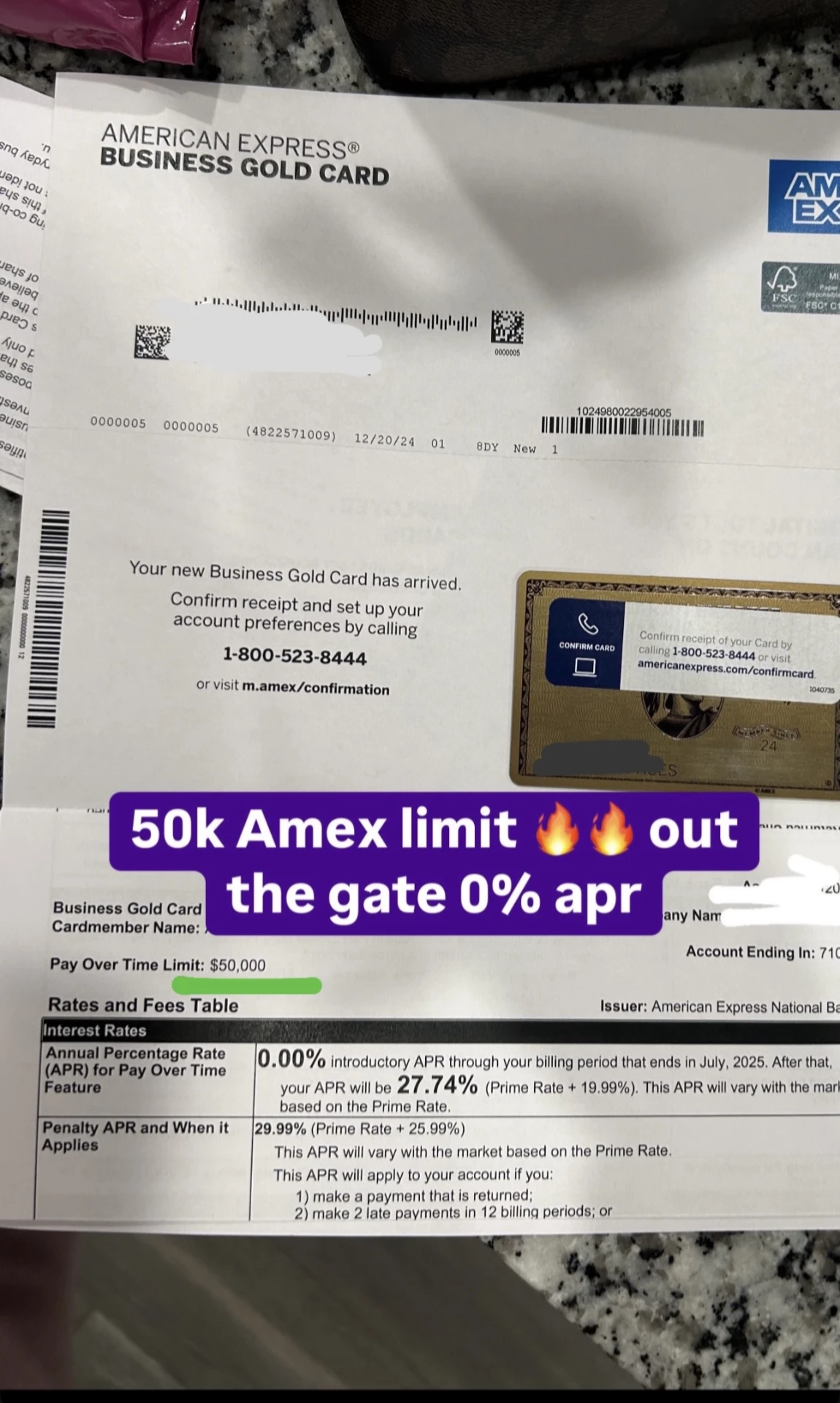 Amex Business Gold approval letter with a $50,000 limit at 0% intro APR