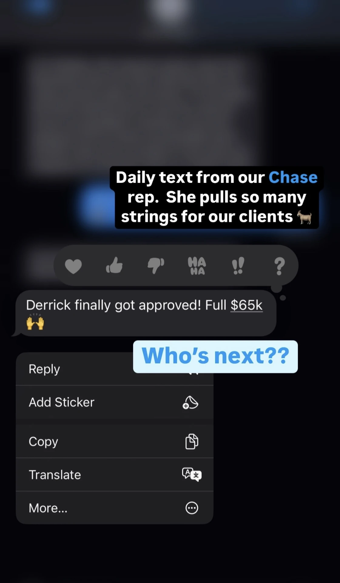 Text from a Chase rep confirming a client's full $65,000 approval